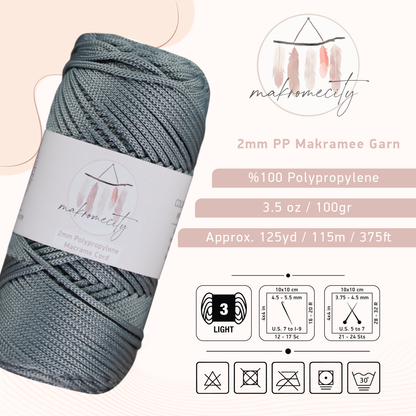 Makramee Garn 2mm x 115m Premium Polyester Macrame Cord - Grau