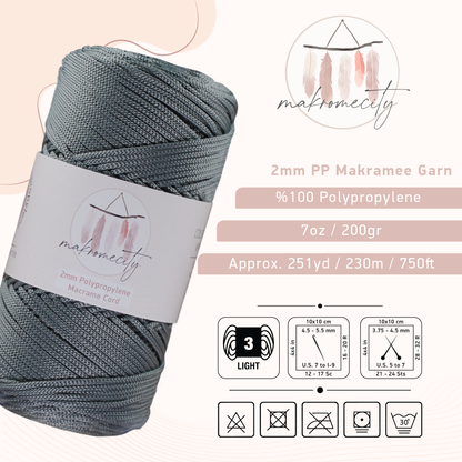 Makramee Garn 2mm x 230m Premium Polyester Macrame Cord - Grau