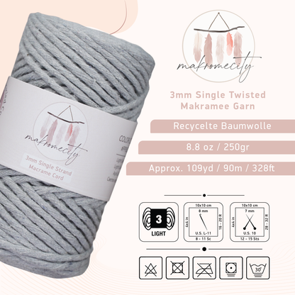 Makramee Garn 3 mm x 100 m Premium Single Twisted Makramee-Schnur – Grau 