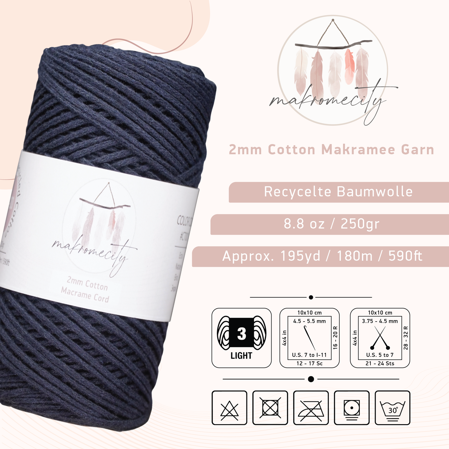 Baumwolle Makramee Garn 2mm x 180m - Indigo Blau