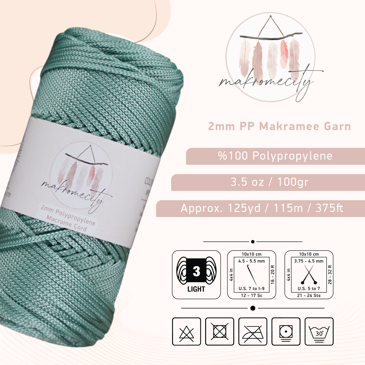 Makramee Garn 2mm x 115m Premium Polyester Macrame Cord - Krepegrün