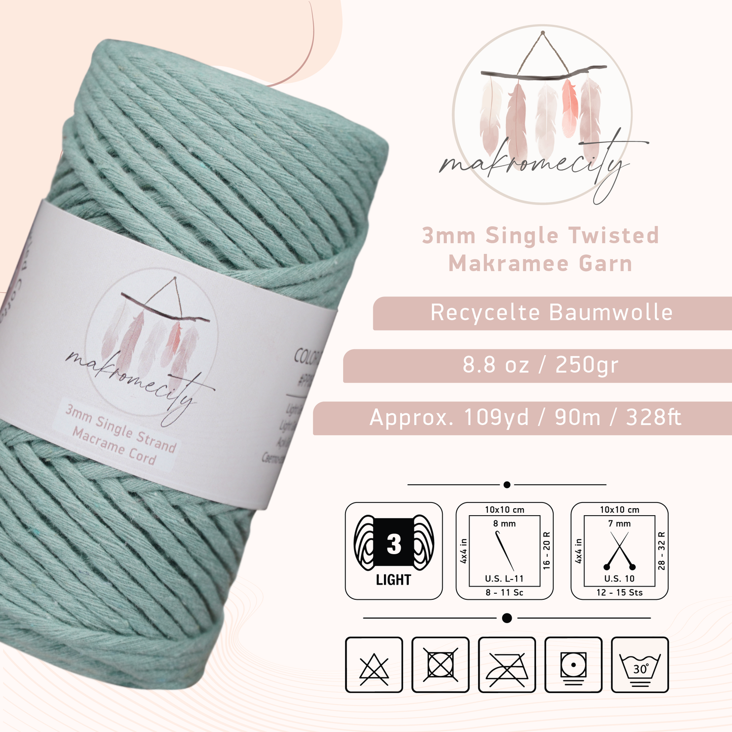 Makramee Garn 3 mm x 100 m Premium Single Twisted Makramee-Schnur – Kreppgrün 
