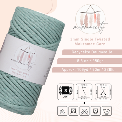 Makramee Garn 3 mm x 100 m Premium Single Twisted Makramee-Schnur – Kreppgrün 