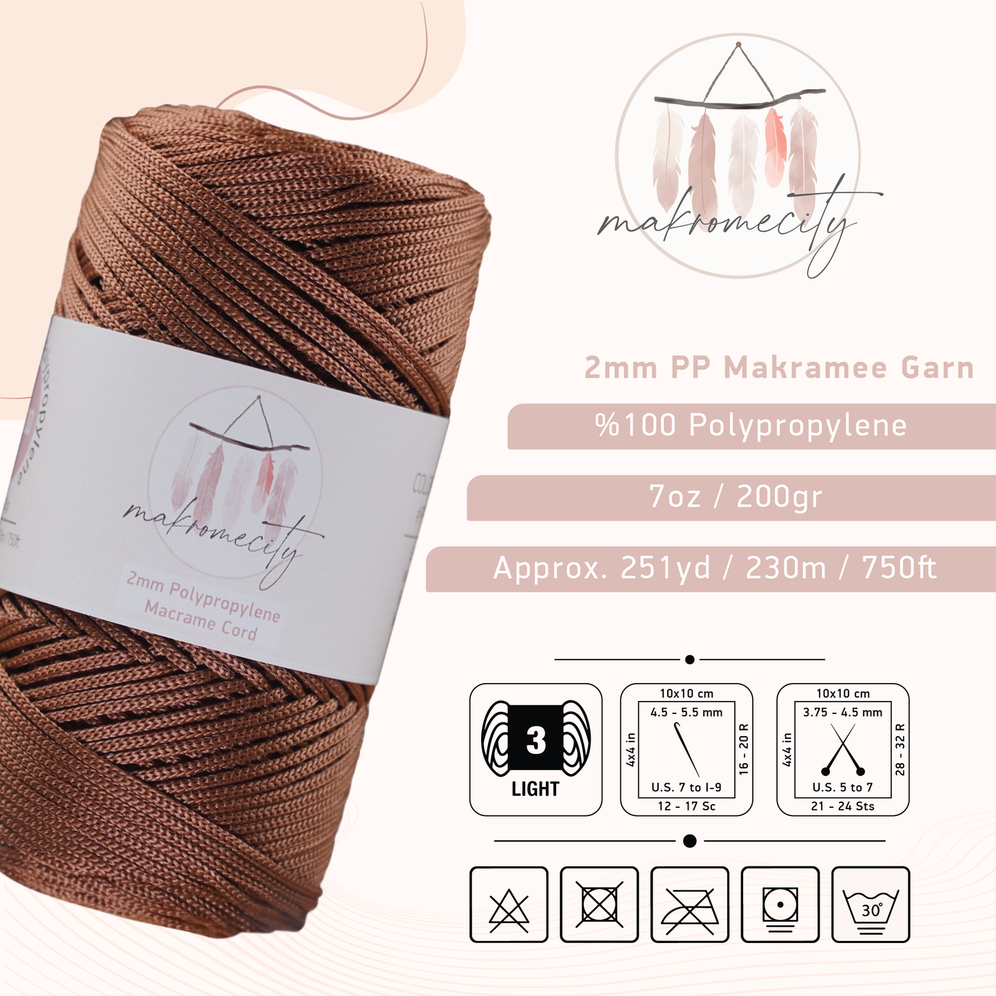Makramee Garn 2 mm x 230 m Premium-Polyester-Makramee-Schnur – Kupfer 