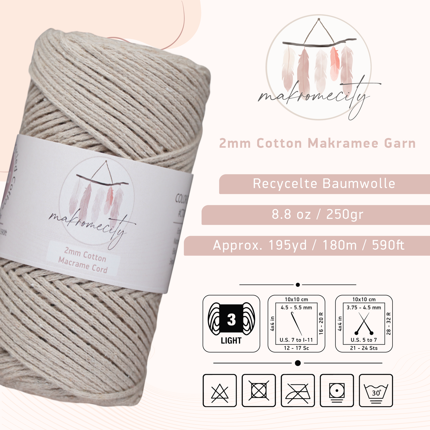 Baumwolle Makramee Garn 2mm x 180m - Latte 