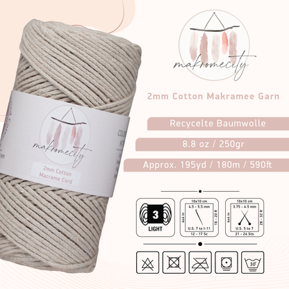 Baumwolle Makramee Garn 2mm x 180m - Latte 