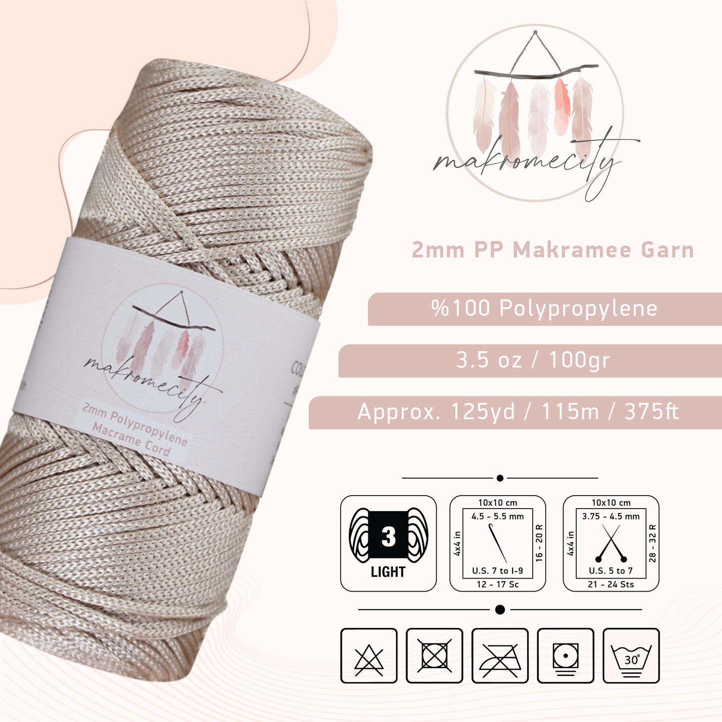Makramee Garn 2mm x 115m Premium Polyester Macrame Cord - Latte