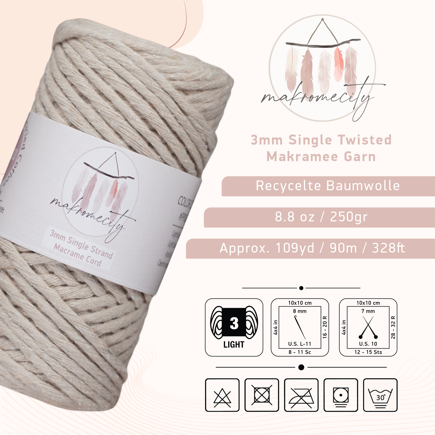 Makramee Garn 3mm x 100m Premium Single Twisted Macrame Cord - Latte