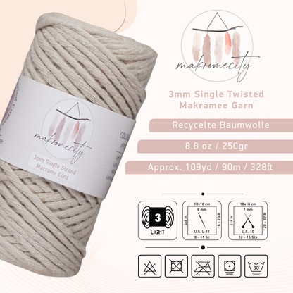 Makramee Garn 3mm x 100m Premium Single Twisted Macrame Cord - Latte