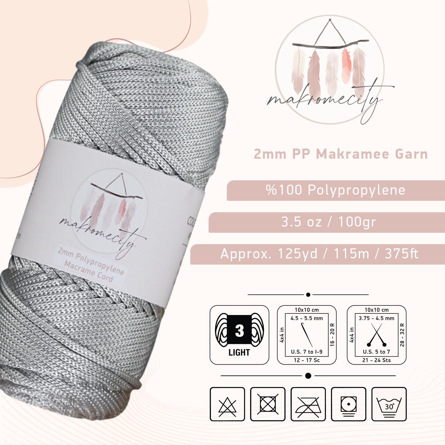 Makramee Garn 2mm x 115m Premium Polyester Macrame Cord - Light Grau