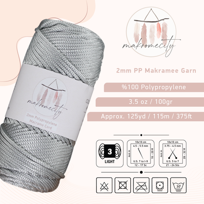Makramee Garn 2mm x 115m Premium Polyester Macrame Cord - Light Grau