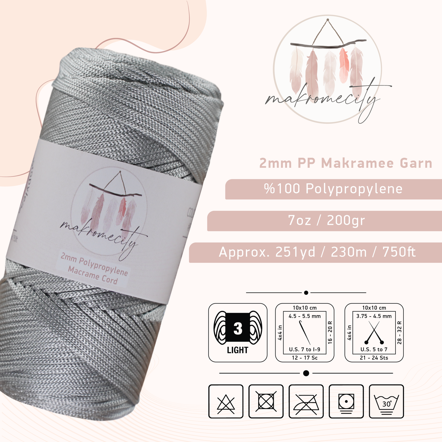 Makramee Garn 2mm x 230m Premium Polyester Macrame Cord - Light Grau