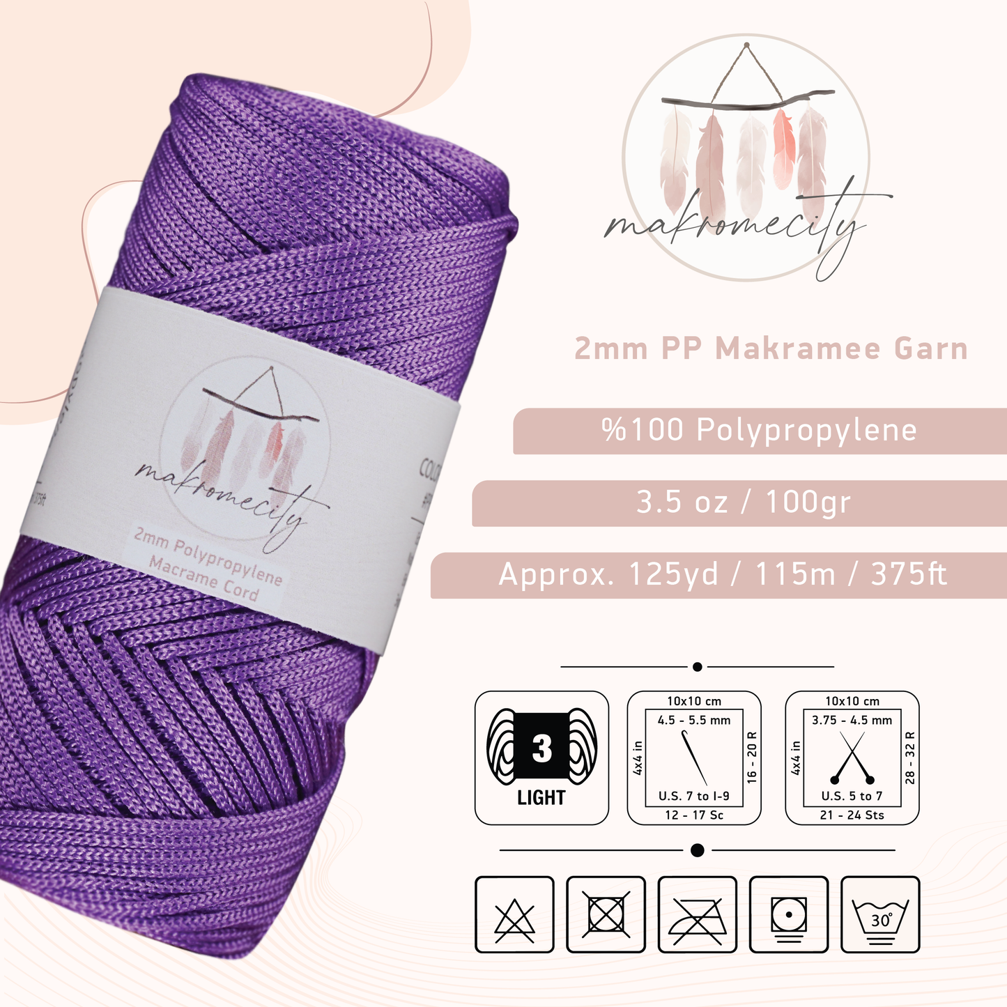 Makramee Garn 2mm x 115m Premium Polyester Macrame Cord - Lila