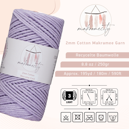 Baumwolle Makramee Garn 2mm x 180m - Lilac