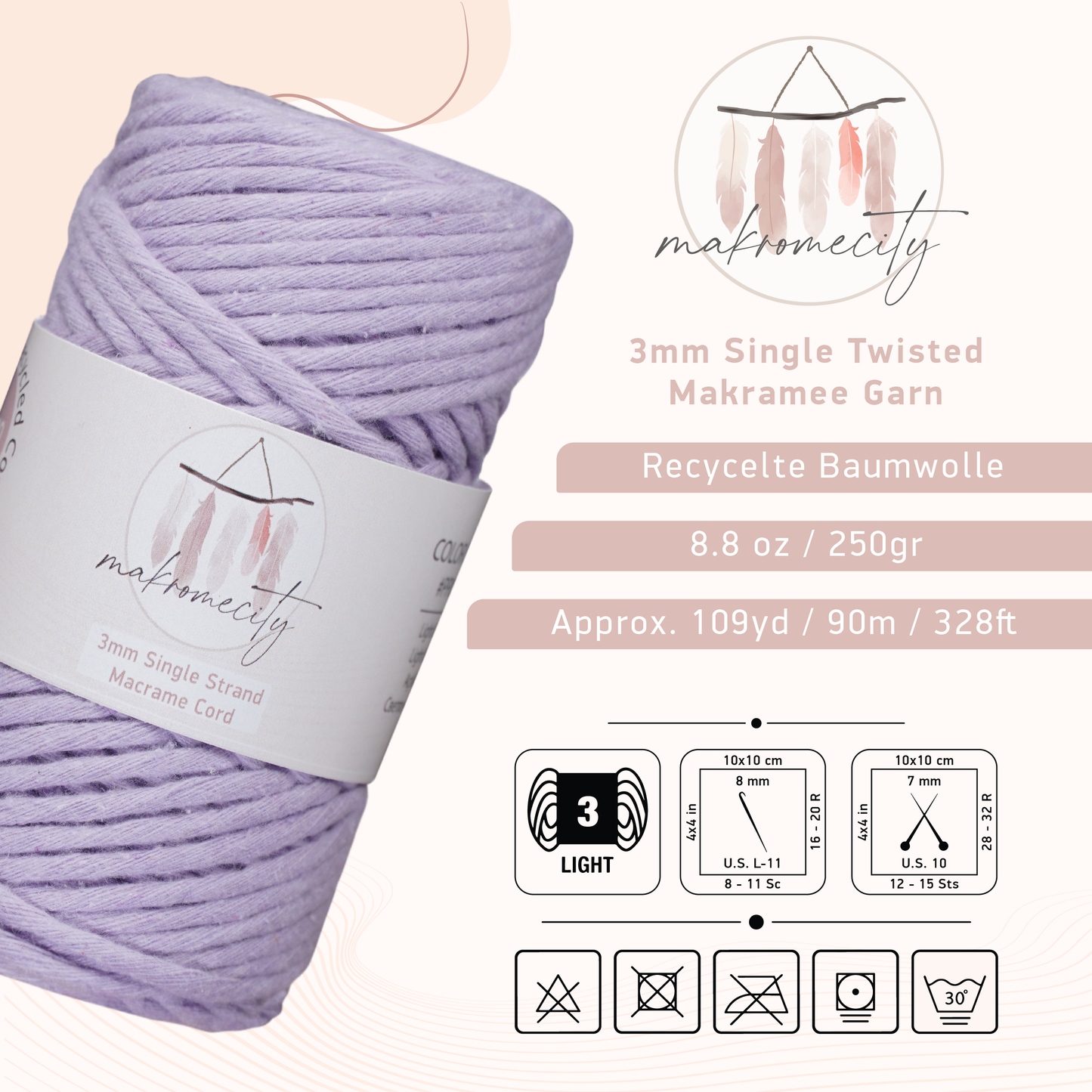 Makramee Garn 3 mm x 100 m Premium Single Twisted Makramee-Kordel – Lila 