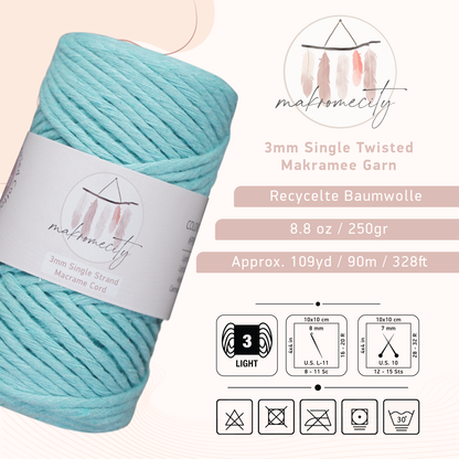 Makramee Garn 3mm x 100m Premium Single Twisted Macrame Cord - Minze
