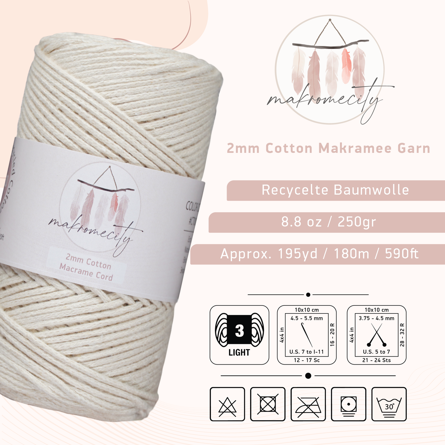 Baumwolle Makramee Garn 2mm x 180m - Naturel (Ecru) 