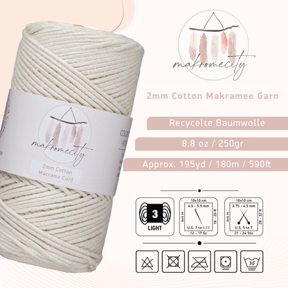 Baumwolle Makramee Garn 2mm x 180m - Naturel (Ecru) 