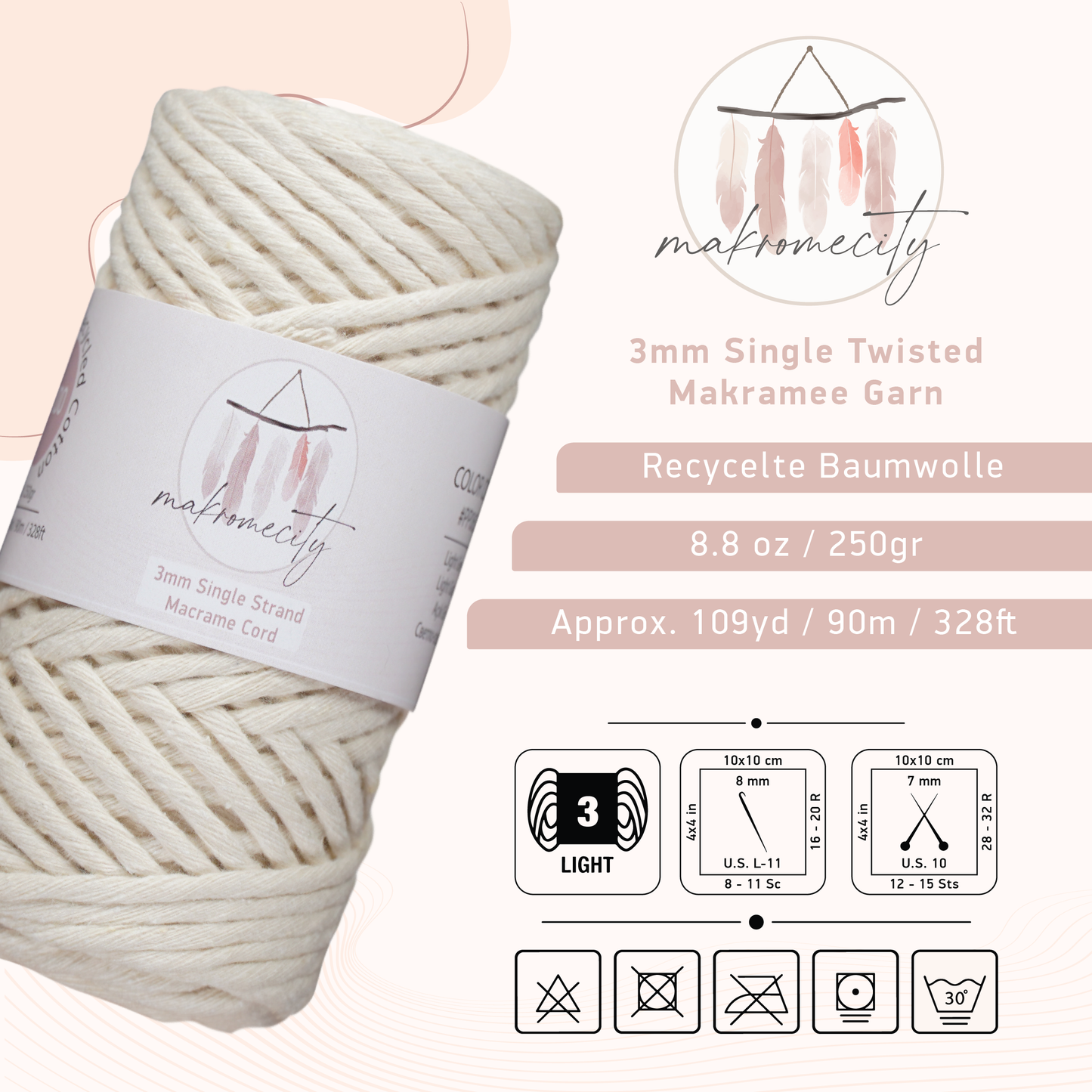 Makramee Garn 3mm x 100m Premium Single Twisted Macrame Cord - Naturel (Ecru)