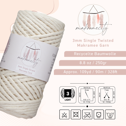 Makramee Garn 3mm x 100m Premium Single Twisted Macrame Cord - Naturel (Ecru)