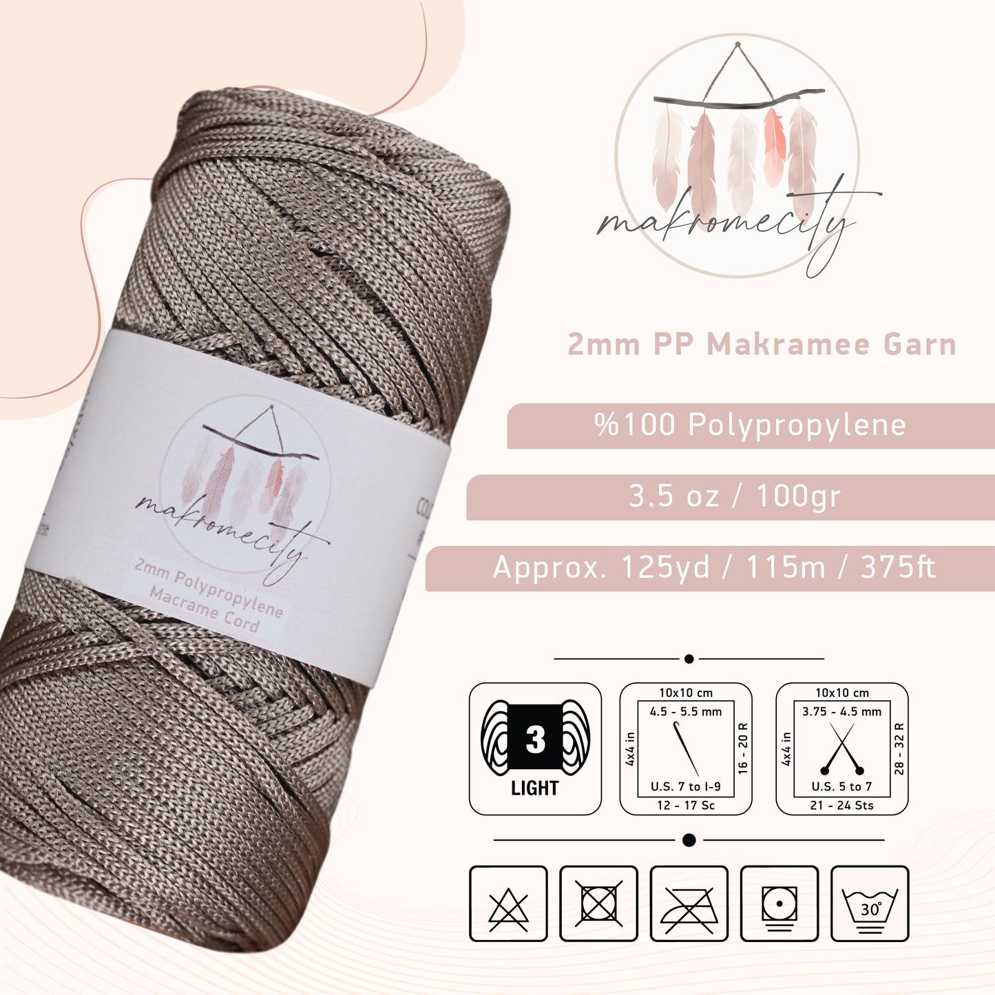 Makramee Garn 2 mm x 115 m Premium-Polyester-Makramee-Schnur – Nerz 