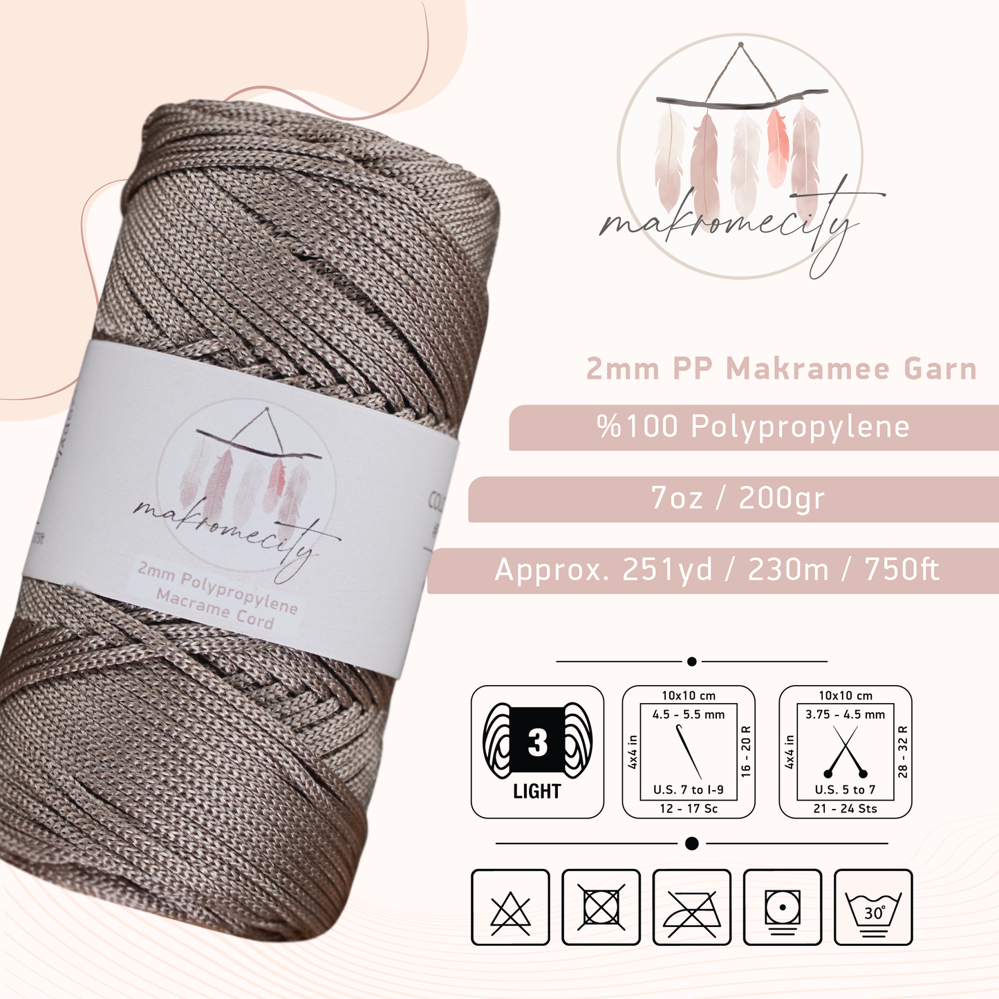 Makramee Garn 2 mm x 230 m Premium-Polyester-Makramee-Schnur – Nerz 