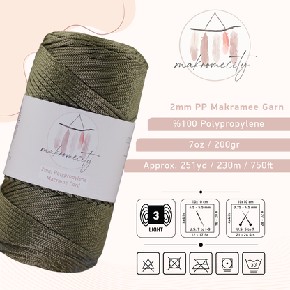 Makramee Garn 2mm x 230m Premium Polyester Macrame Cord - Olivegrün