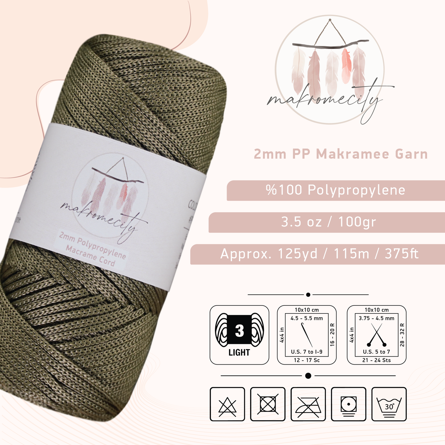 Makramee Garn 2mm x 115m Premium Polyester Macrame Cord - Olivegrün