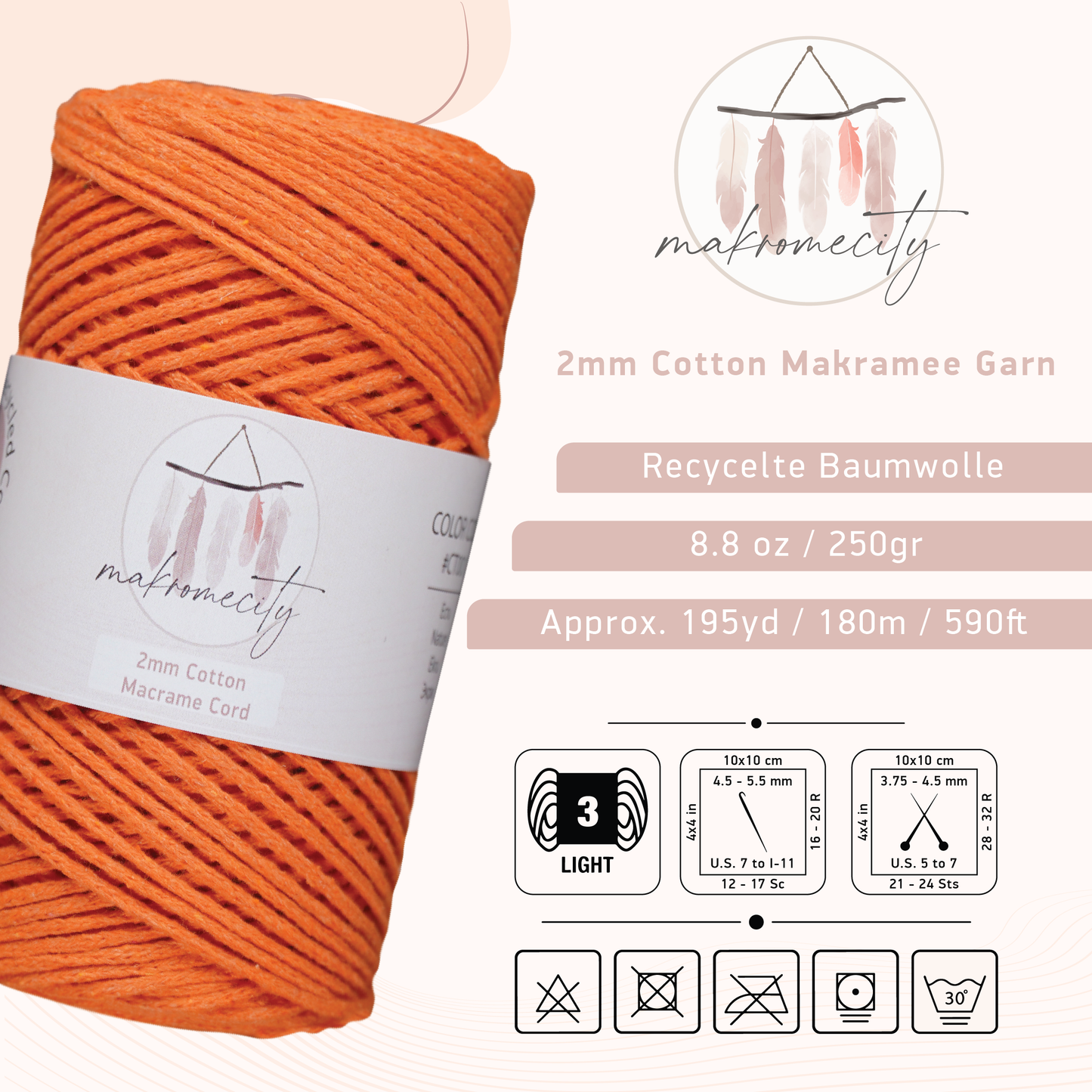 Baumwolle Makramee Garn 2mm x 180m - Orange