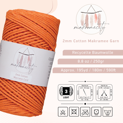 Baumwolle Makramee Garn 2mm x 180m - Orange