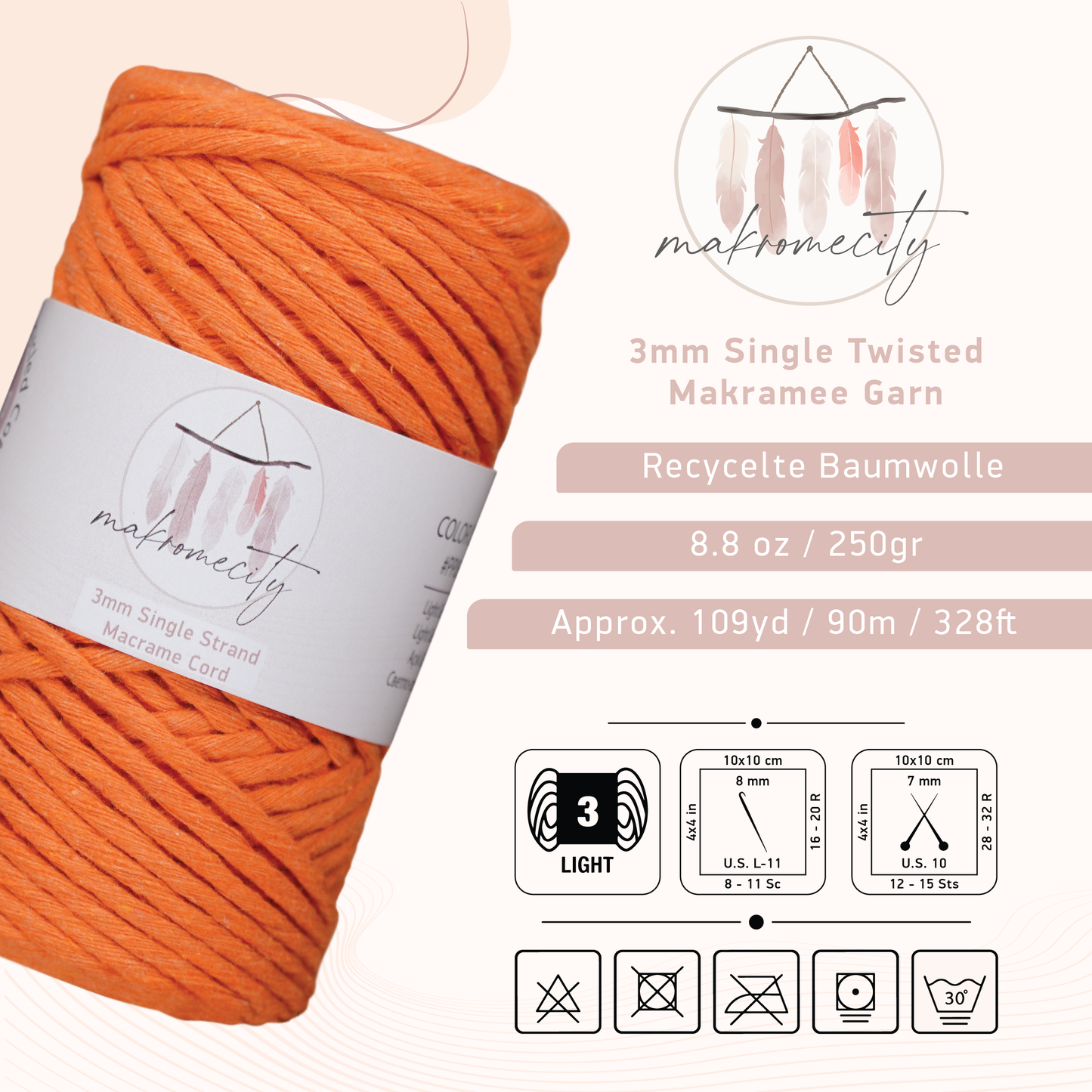 Makramee Garn 3 mm x 100 m Premium Single Twisted Makramee-Schnur – Orange 