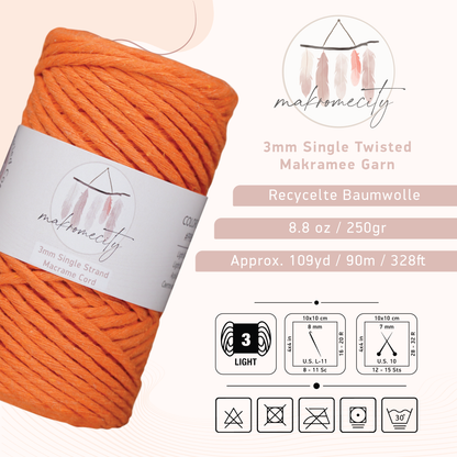 Makramee Garn 3 mm x 100 m Premium Single Twisted Makramee-Schnur – Orange 