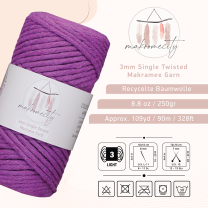 Makramee Garn 3 mm x 100 m Premium Single Twisted Makramee-Schnur – Lila 