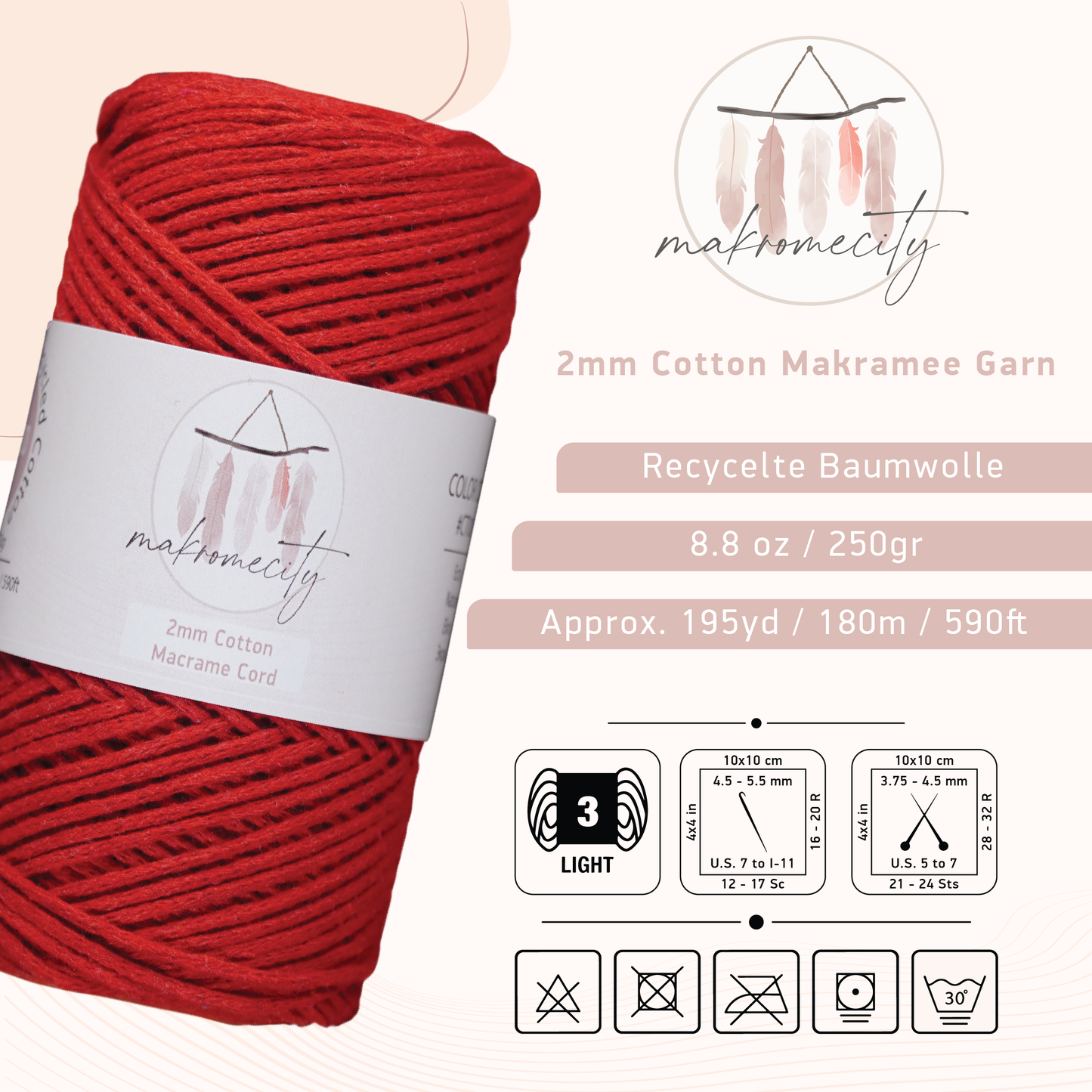 Baumwolle Makramee Garn 2mm x 180m - Rot