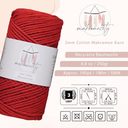 Baumwolle Makramee Garn 2mm x 180m - Rot