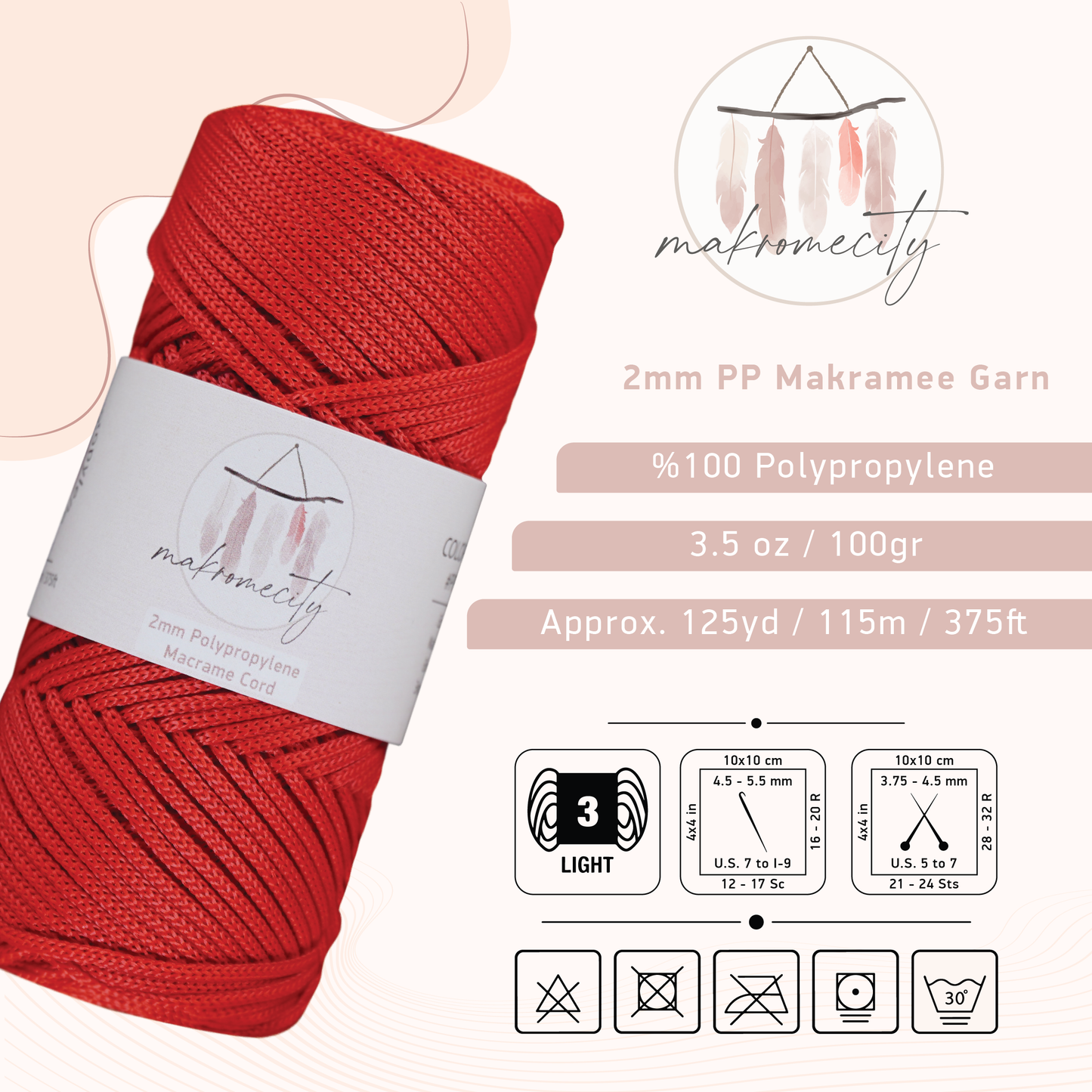 Makramee Garn 2mm x 115m Premium Polyester Macrame Cord - Rot