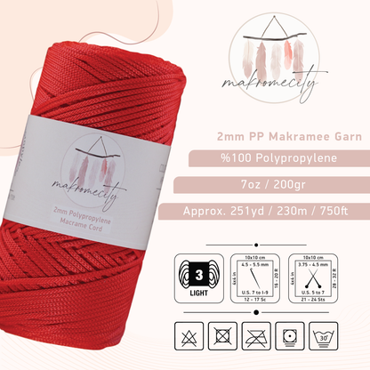 Makramee Garn 2mm x 230m Premium Polyester Macrame Cord - Rot