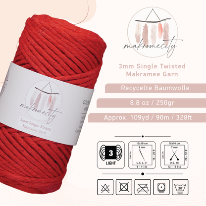 Makramee Garn 3mm x 100m Premium Single Twisted Macrame Cord - Rot