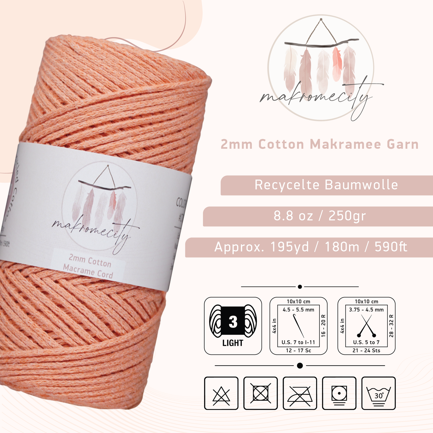 Baumwolle Makramee Garn 2mm x 180m - Lachsrosa 