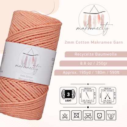 Baumwolle Makramee Garn 2mm x 180m - Salmon Rosa