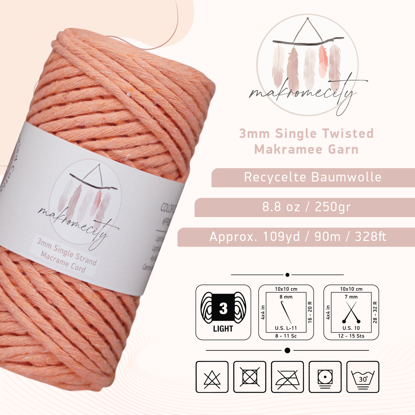 Makramee Garn 3 mm x 100 m Premium Single Twisted Makramee-Kordel – Lachsrosa 
