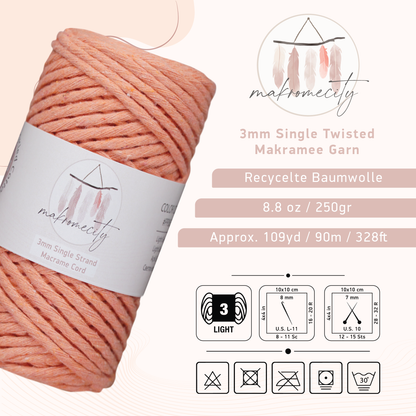 Makramee Garn 3 mm x 100 m Premium Single Twisted Makramee-Kordel – Lachsrosa 