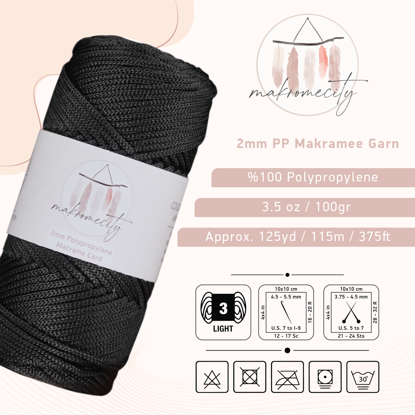 Makramee Garn 2mm x 115m Premium Polyester Makrameeschnur - Schwarz 
