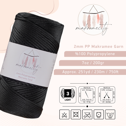 Makramee Garn 2mm x 230m Premium Polyester Macrame Cord - Schwarz
