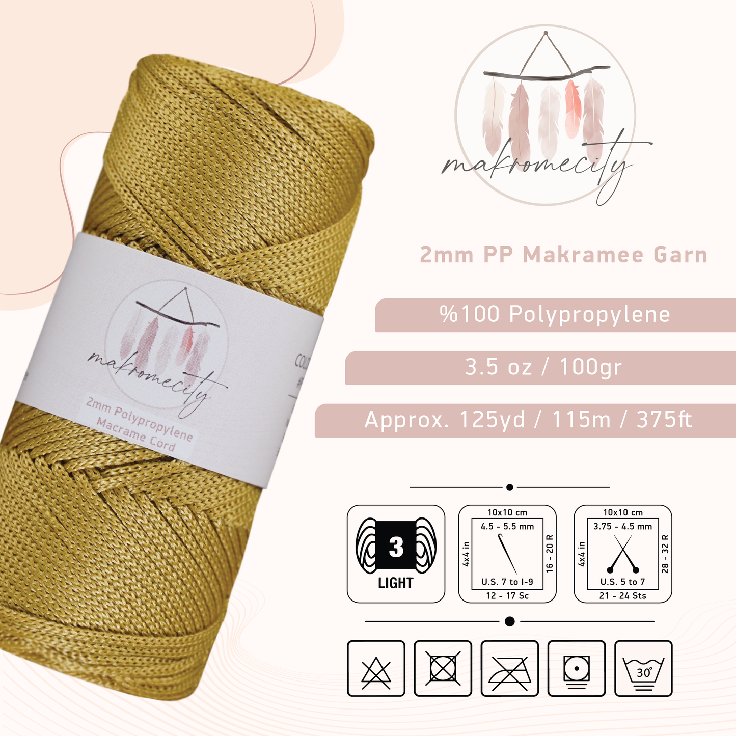 Makramee Garn 2 mm x 115 m Premium-Polyester-Makramee-Schnur – Senf 