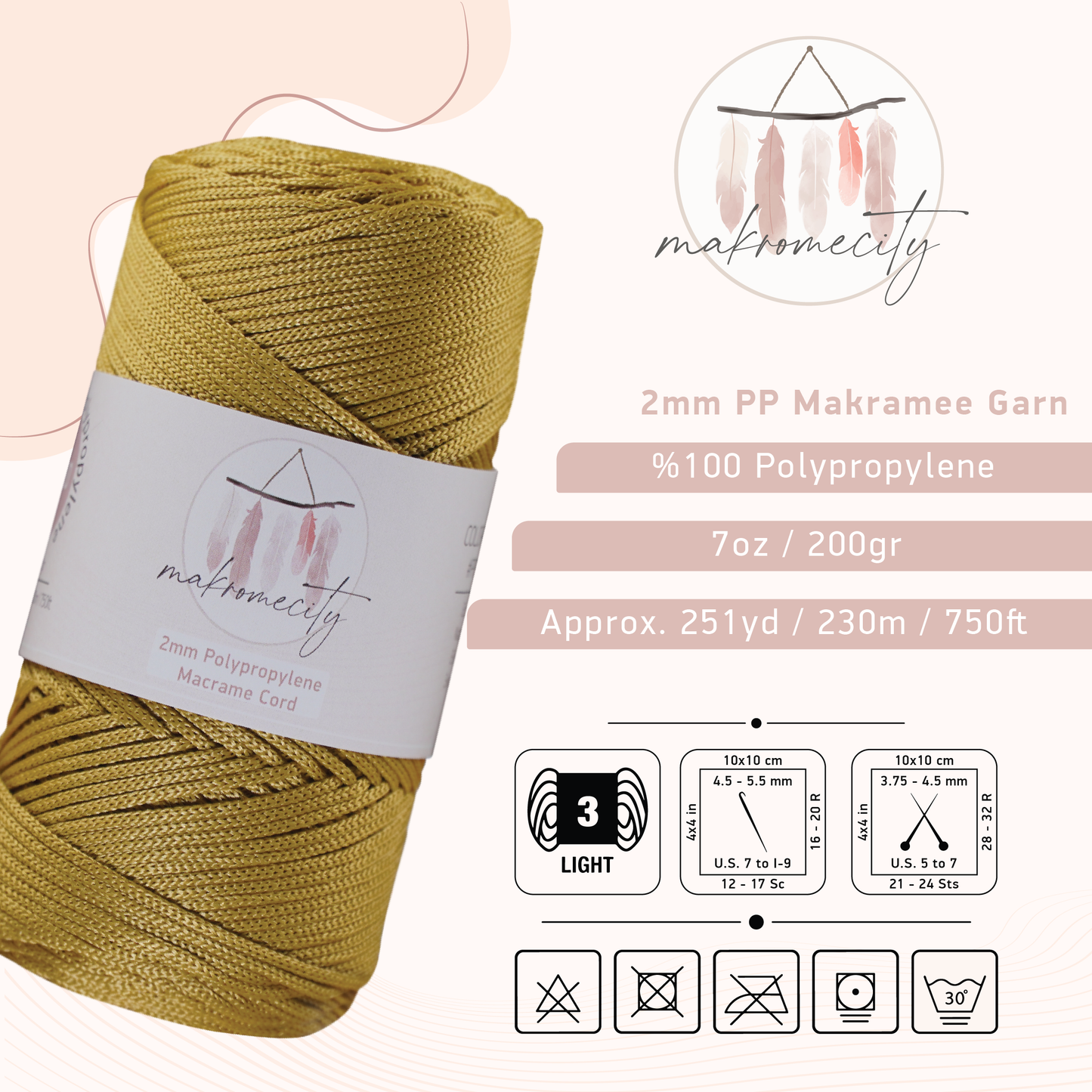 Makramee Garn 2mm x 230m Premium Polyester Macrame Cord - Senf