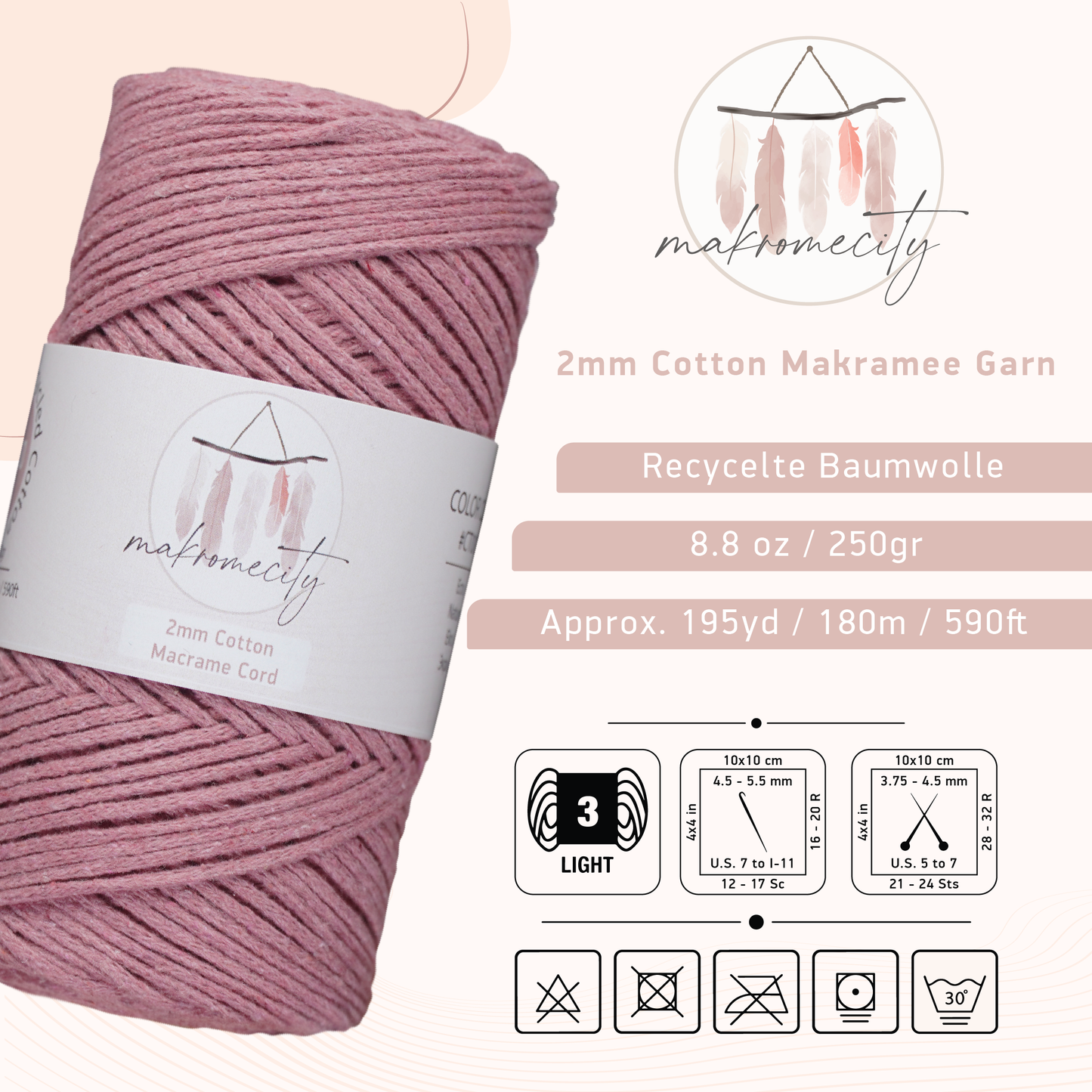 Baumwolle Makramee Garn 2mm x 180m - Staubige Rosa