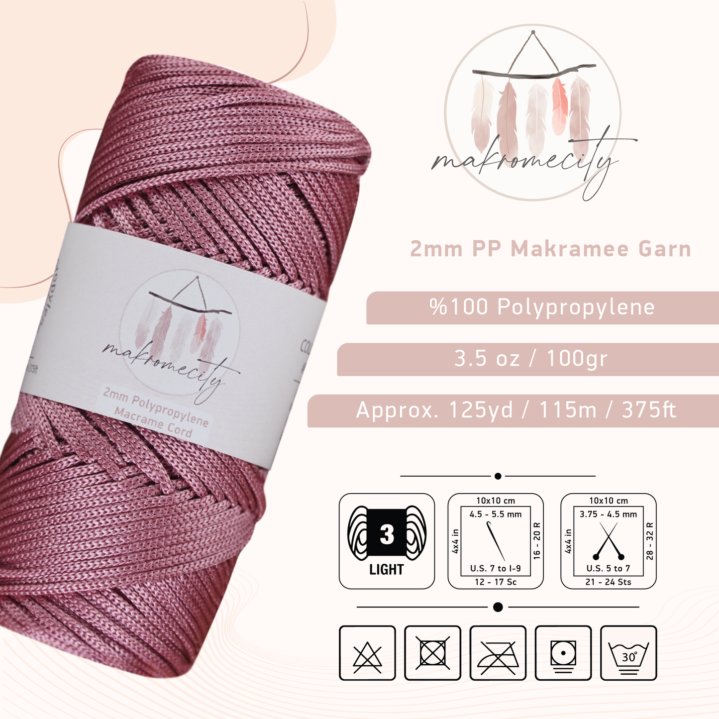 Makramee Garn 2 mm x 115 m Premium-Polyester-Makramee-Kordel – Staubige Rose 