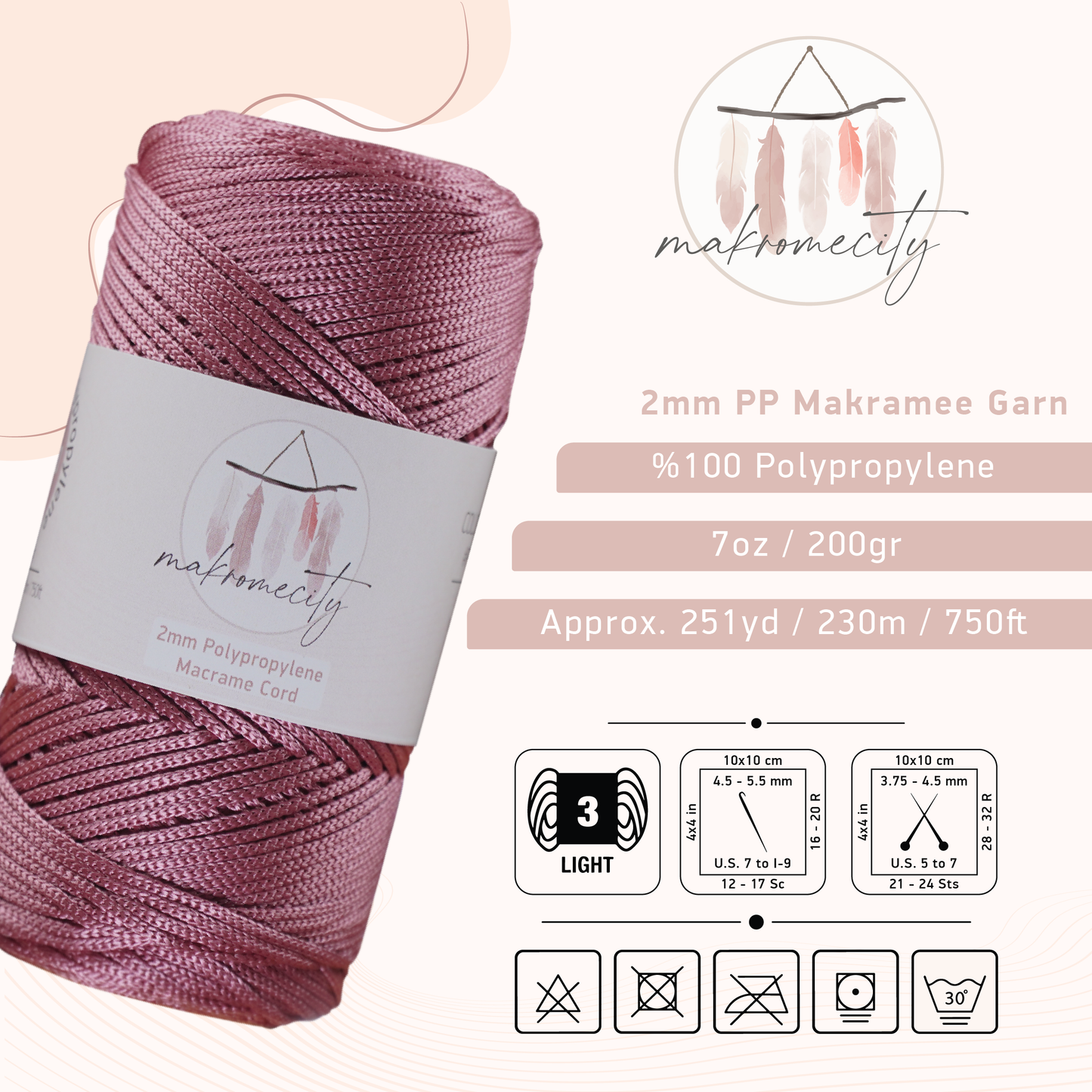 Makramee Garn 2mm x 230m Premium Polyester Macrame Cord - Staubige Rose