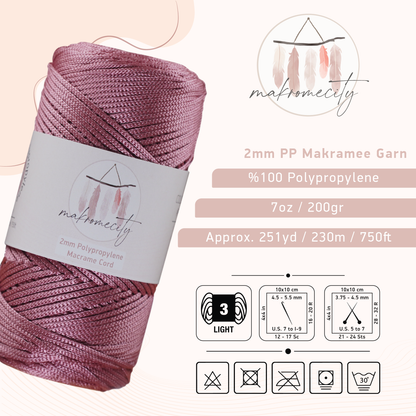 Makramee Garn 2 mm x 230 m Premium-Polyester-Makramee-Kordel – Staubige Rose 